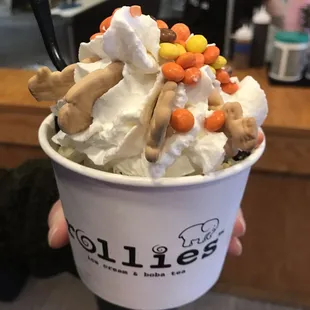 a person holding a cup of ice cream