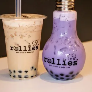 a glass of bubble milk and a glass of bubble milk