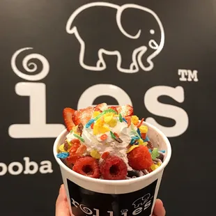 a hand holding a cup of ice cream