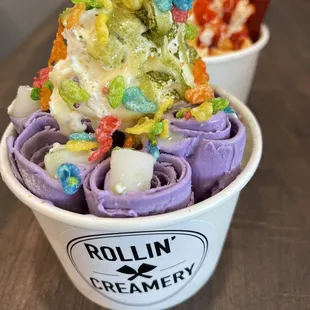 Ube Ice-Cream rolls with  mochi and tutti-frutti cereal.