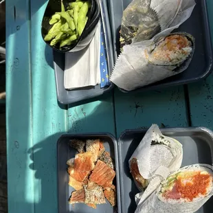 Top Left: Edamame Top Right: Fresh Prince Bottom Left: Salmon Skin Crispy Chips Bottom Right: City of Roses