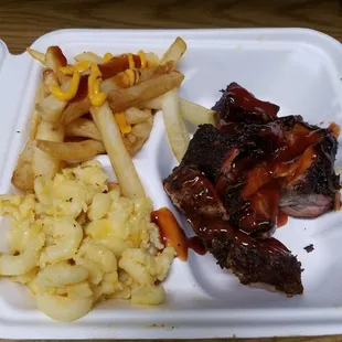 Rib tips with mac and fries.