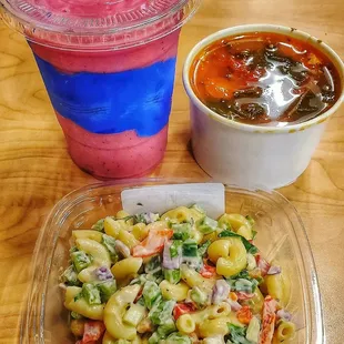 Vegan Macaroni Salad with Chicken Vegetable Soup. Blue Spriulina Swirl