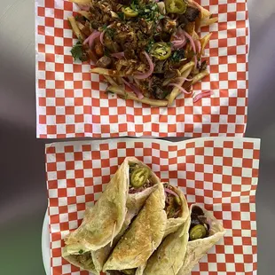 Loaded Brisket Fries (top) and the Chicken, Beef, and Brisket Phatties (bottom)