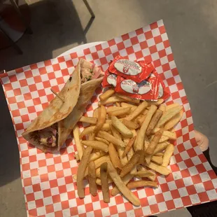 Chicken tikka phattie with side of regular fries