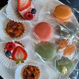Macrons, nut cookies, and strawberry cookies