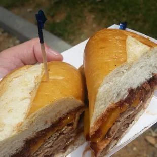 Welp, that was tasty. Tri tip sando with cheddar, and great BBQ sauce.