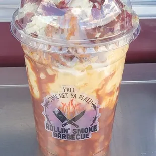 Our BBQ parfait cup filled with layers of delicious BBQ goodness awaits!  The flavors together create a symphony of deliciousness!