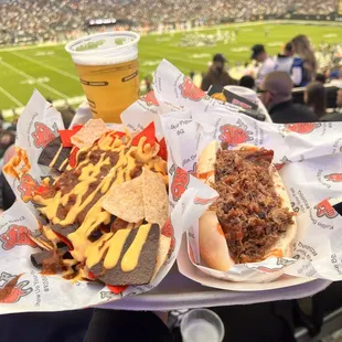 a person holding a tray of food