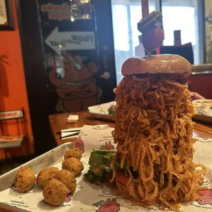 Outlaw burger with hush puppies