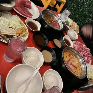 a table full of food and drinks