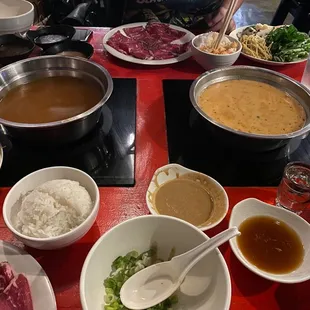 left broth is combination schezwan/vegetable broth right is THE BEST combinations (imo) schezwan/coconut. Can't forget all 3 sauces