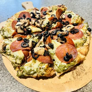 pepperoni, olives, and cheese