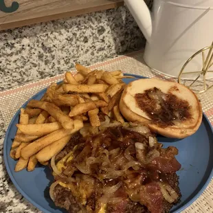 a hamburger and french fries