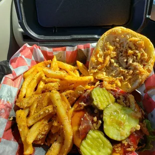 Bbq bacon burger and parmesan fries.