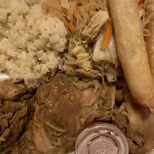 Chicken Adobo, Pancit, Garlic Fried Rice, 2 Lumpia.