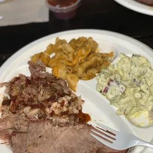 Brisket, potato salad, and Mac and cheese! Driest meat ever!