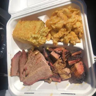 Brisket, burnt ends, Mac and cheese, jalapeño bread.