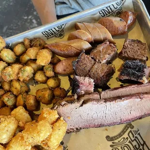 3 Meat Plate- brisket, burnt ends, honey bourbon with tator tots and fried okra