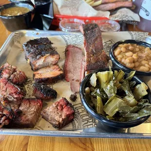 Ends, belly, brisket, rib, collards and beans.