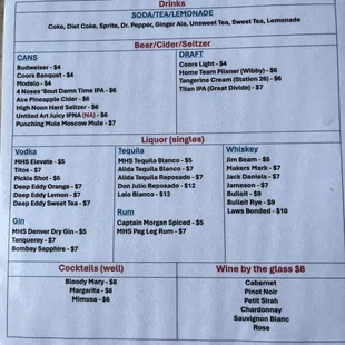 Drink menu