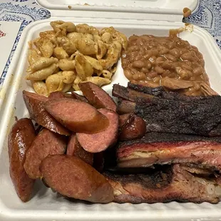 Spare Ribs, Sausage, Mac and cheese, and baked beans.