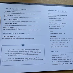 Rolling Still Distillery and Lounge, Taos, NM June 9, 2023 - menu