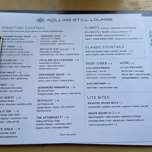 Rolling Still Distillery and Lounge, Taos, NM June 9, 2023 - Menu