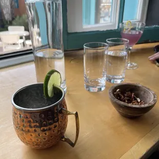 Rolling Still Distillery and Lounge, Taos, NM June 9, 2023 - Macho Mule, Roasted Spiced Nuts, Lavender Honey Drop
