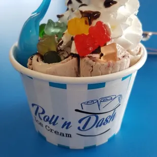 My daughter chose vanilla ice cream with brownie and strawberries mixed in. Whipped cream, sprinkles and gummy bears to top it off.