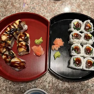 Left: dancing queen roll (smoked salmon. cucumber, cream cheese, masago, eel, avocado) and right: beef bibimbab roll