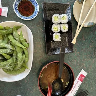 Lunch: miso soup, edamame, &amp; cucumber rolls