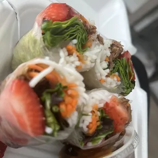 strawberries, broccoli, and rice