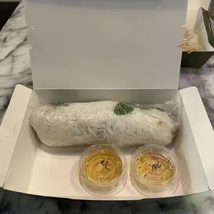 Big Momma Roll w/ Lemongrass pork and Nước Chấm sauce. (noodles, cilantro, mint, cucumber, carrot, green onion, everything season, crunchy)