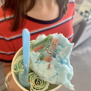 Cotton candy rolly ice cream