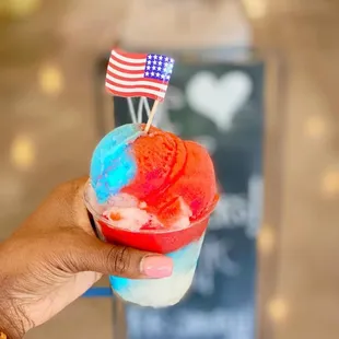 4th of July!!  Water Ice  Red (strawberry) White (coconut)  Blue ( bubble gum)
