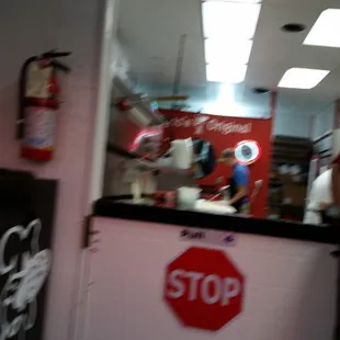 a stop sign in a restaurant