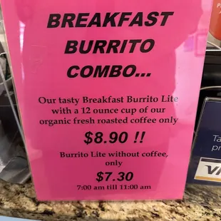 Breakfast burrito combo advert.