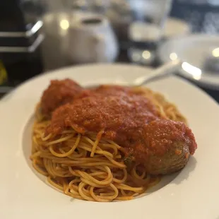 a plate of spaghetti and meat