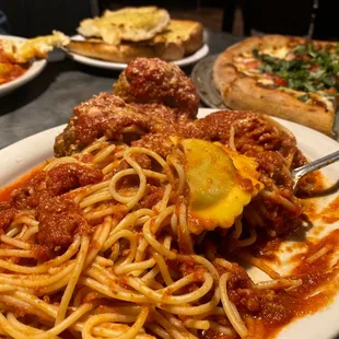 Half and half. Spaghetti and meatballs with raviolis