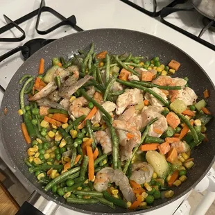 My home cooked shrimp, chicken and veggies