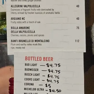 Behind the bar Menu - Bottled Beer and Reserve Wine prices - as of 6-4-2024
