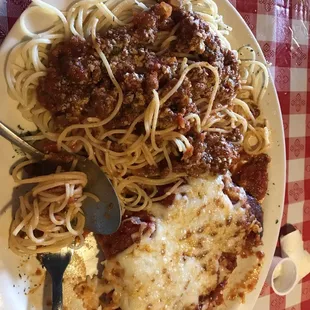 My chicken parm. I substituted regular marinara for the meat sauce on my spaghetti.