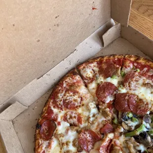 Toppings: pepperoni, sausage, green pepper, mushrooms and ANTS!