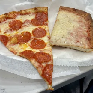 Quintessential NY pizza. Classic pepperoni on the left, and a simple cheese Sicilian corner square on the right.