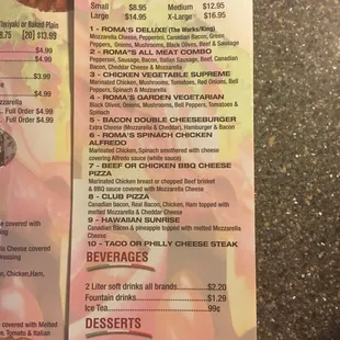 a menu for a special pizza