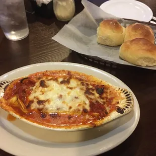Lasagna and bread rolls.