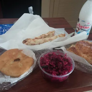 Beet/cabbage salad. YUM! Meat pie. Nice! Smoked salmon crepe. A little salty, but good. Cheese pastry, good. Yogurt soda!