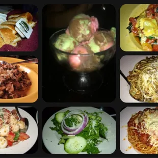 Bread, Sautéed Mushrooms, Caprese Salad, Dinner Salad, Stuffed Crab Ravioli, Pasta Tombrello and Sausage Mozzarella &amp; Spumoni