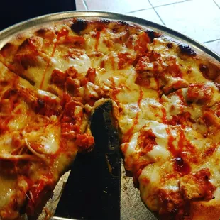 Buffalo chicken pizza. Pretty good but a lot of blue cheese.